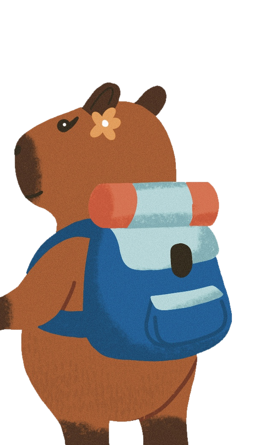 Chiwi, la capibara viajera, con la mochila tejida por su abuela.
