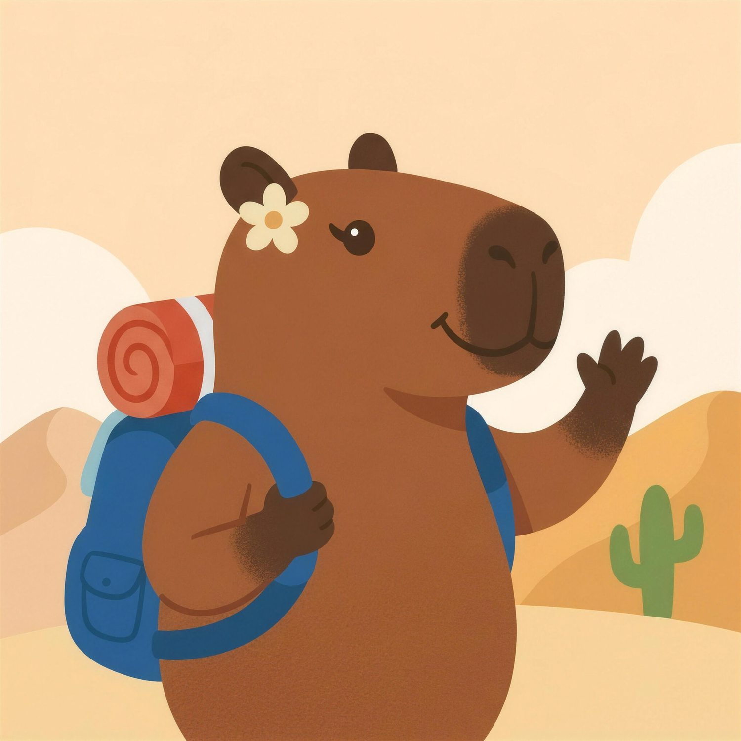 Chiwi Flores, una capibara con una flor en la oreja y mochila de viaje, saludando en el desierto del norte de Chile.