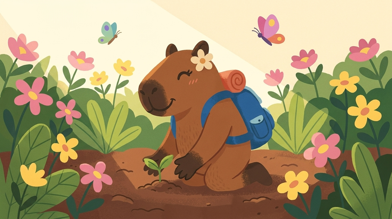 Chiwi y sus amigos en un jardín florido del Valle de Azapa, estilo ilustración de cuento.