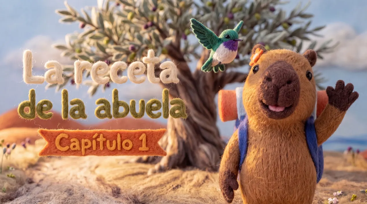Portada: La receta de la abuela, Capítulo 1. Chiwi saluda junto a un olivo y Alay vuela cerca.