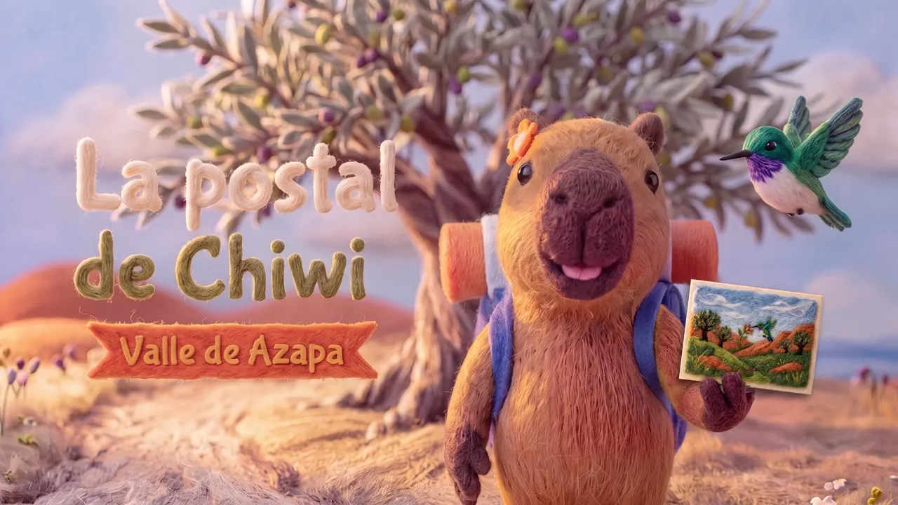 Portada: La postal de Chiwi, Valle de Azapa. Chiwi muestra una postal junto a un olivo.