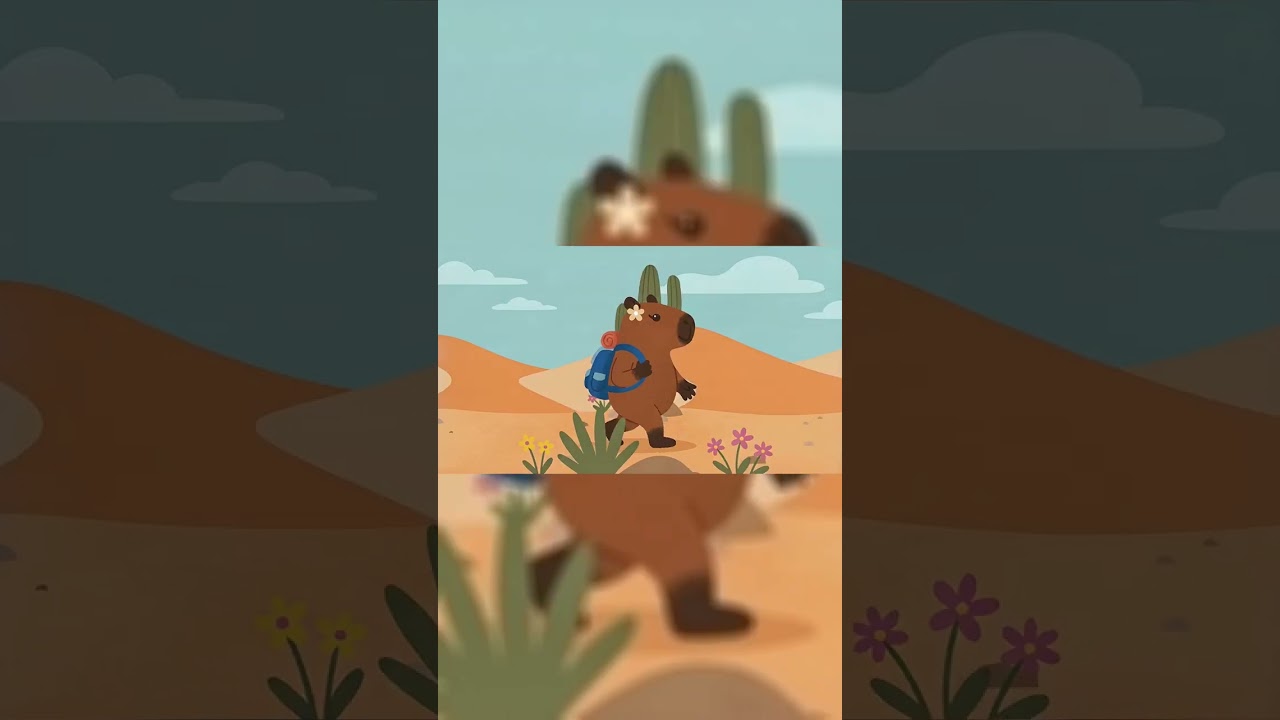 Chiwi caminando por el desierto entre cactus y flores.