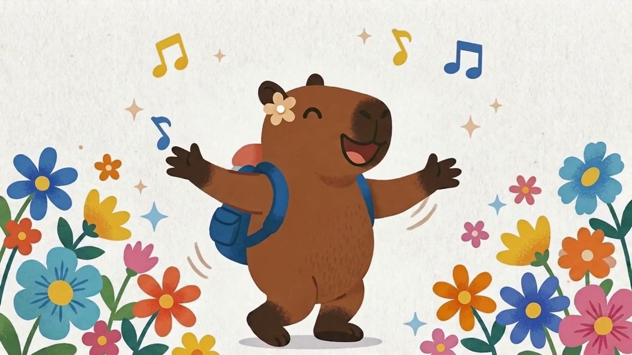 Chiwi cantando feliz entre flores de colores.
